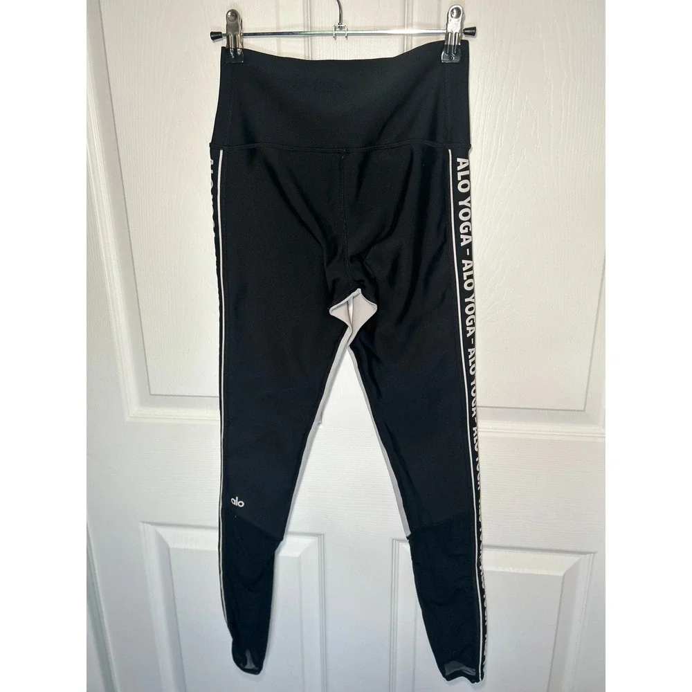 Alo Yoga Leggings High Waist Logo Side Stripe Small Black Mesh Colorblock Active